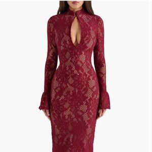 House of CB Burgundy Lace Long Sleeve Dress